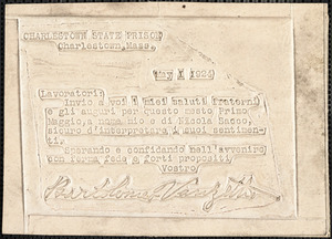 Bartolomeo Vanzetti embossed card to &quot;Lavoratori&quot;, Charlestown State Prison, 1 May 1924