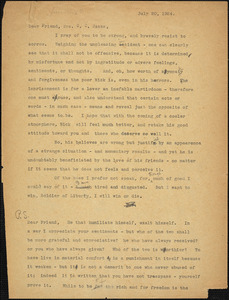 Bartolomeo Vanzetti typed letter (copy) to Cerise Jack, [Charlestown], 20 July 1924