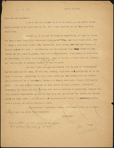 Bartolomeo Vanzetti typed note (copy) to Alice Stone Blackwell, [Bridgewater State Hospital for the Criminally Insane], 17 April 1925