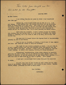 Bartolomeo Vanzetti typed letter (copy) to Luigia Vanzetti, [Charlestown], 16 June 1925