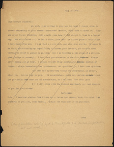 Bartolomeo Vanzetti typed note signed to Alice Stone Blackwell, [Charlestown], 10 July 1925 ; Bartolomeo Vanzetti typed letter  to Alice Stone Blackwell, [Charlestown], 14 September 1925