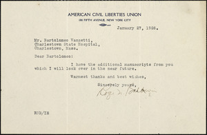 Roger N. Baldwin typed note signed to Bartolomeo Vanzetti, New York, 26 January 1926