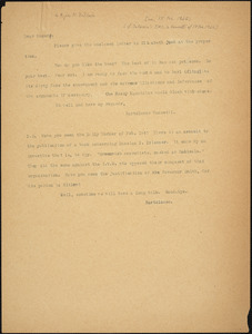 Bartolomeo Vanzetti typed note (copy) to Roger [N. Baldwin], [Charlestown, ca. 15 February 1926]