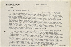 Theodore Debs typed letter signed to Bartolomeo Vanzetti, Terre Haute, Ind., 5 June 1926