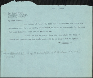 Bartolomeo Vanzetti typed note (copy) to Oscar Creydt, [Charlestown], 1 September 1926
