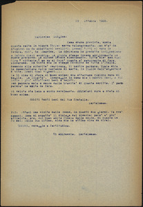 Bartolomeo Vanzetti typed letter (copy) to Luigia Vanzetti, [Charlestown], 29 October 1926