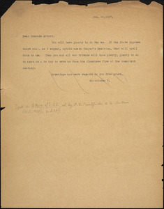 Bartolomeo Vanzetti typed note (copy) to Leonard D. Abbott, [Charlestown], 18 January 1927
