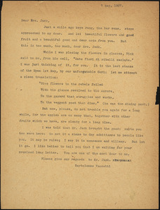 Bartolomeo Vanzetti typed letter (copy) to Cerise Jack, [Dedham], 7 May 1927