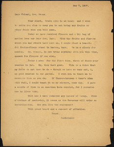 Bartolomeo Vanzetti typed letter (copy) to Elizabeth Glendower Evans, [Dedham], 7 May 1927