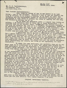 Bartolomeo Vanzetti typed letter (copy) to W.S. [William.Star] Van Valkenburgh, Dedham, 23 May 1927