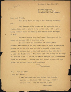 Bartolomeo Vanzetti typed letter (copy) to Elizabeth Glendower Evans, [Dedham], 14 June 1927