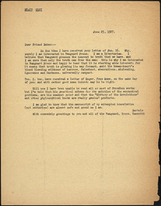 Bartolomeo Vanzetti typed letter (copy) to &quot;Friend Baker&quot; of the Vanguard Press, [Dedham], 25 June 1927