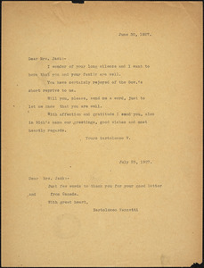 Bartolomeo Vanzetti typed note (copy) to Cerise Jack, [Dedham], 30 June 1927 ; Bartolomeo Vanzetti typed note (copy) to Cerise Jack, [Charlestown], 25 July 1927