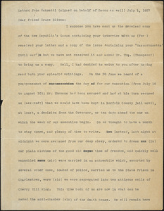 Bartolomeo Vanzetti typed letter (copy) to Bruce Bliven, [Charlestown], 1 July 1927