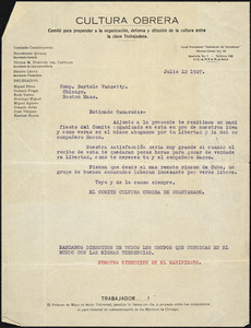 Comité Cultura Obrera de Guantanomo. typed note signed to Bartolomeo Vanzetti, Guantanamo, 12 July 1927