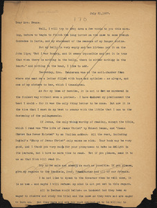 Bartolomeo Vanzetti typed letter (copy) to Elizabeth Glendower Evans, [Charlestown], 21 July 1927 ; Bartolomeo Vanzetti manuscript note (copy) to [Elizabeth Glendower Evans?], [Charlestown], 27 July 1927