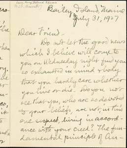 Mary Leland Adams typed letter signed to Bartolomeo Vanzetti, Bailey Island, Me., 31 July 1927