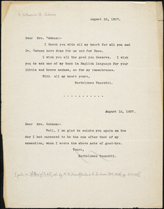 Bartolomeo Vanzetti typed note (copy) to Katherine B. Codman, [Charlestown], 10 August 1927