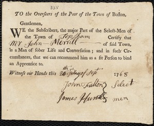Samuel Akley indentured to apprentice with John Merrill of Topsham