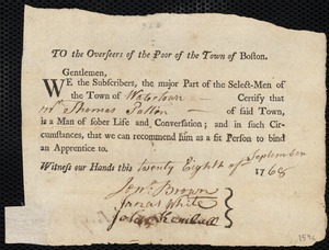 Elizabeth Lemoine indentured to apprentice with Thomas Patten of Watertown