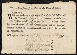Ebenezer Blancher indentured to apprentice with Abraham Hammatt of Plymouth