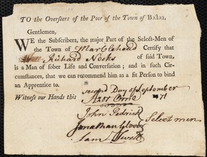 William Collins indentured to apprentice with Richard Neck of Marblehead