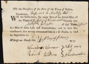 James Ranstead indentured to apprentice with Joseph Johnson of New Braintree