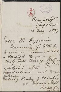 Viscountess Katharine Louisa Stanley Russell Amberley autograph letter signed to Thomas Wentworth Higginson, Chepstow, Great Britain, 16 May 1872