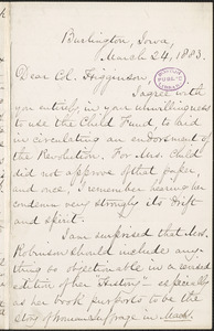 Mary Ashton Rice Livermore autograph letter signed to Thomas Wentworth Higginson, Burlington, Iowa, 24 March 1883