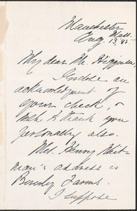 Alice M. Longfellow autograph letter signed to Thomas Wentworth Higginson, Manchester, Mass., 13 August 1885