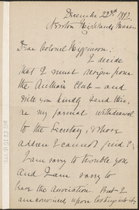 Elizabeth Stuart Phelps Ward autograph letter signed to Thomas Wentworth Higginson, Newton Highlands, Mass., 22 December 1892