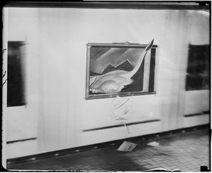 Movie lion Leo jumps out broadcasting studio window. (Painting?) Hotel Bradford, Boston.