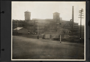 View looking south-east from right-hand side of window-A-of Hampton House toward railroad crossing, showing garage and Rice &amp; Hutchins factory No. 7.