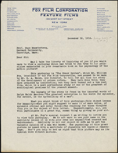 Drum, Joseph C., fl. 1916 typed letter signed to Hugo Münsterberg, New York, 12 December 1916