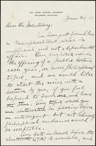 Dunlap, Knight, 1875-1949 autograph letter signed to Hugo Münsterberg, Baltimore, 20 January 1910