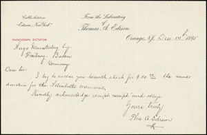 Edison, Thomas Alva, 1847-1931 manuscript letter signed to Hugo Münsterberg, Orange, N.J., 14 December 1895