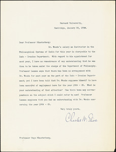 Eliot, Charles William, 1834-1926 typed letter signed to Hugo Münsterberg, Cambridge, Mass., 30 January 1904