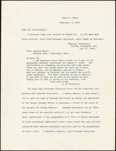 Eliot, Charles William, 1834-1926 typed letter signed to Hugo Münsterberg, Asticou, Me., 2 September 1904