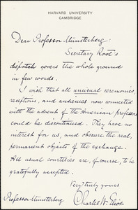 Eliot, Charles William, 1834-1926 autograph note (3rd person) to Hugo Münsterberg, Cambridge, Mass.