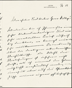 Eucken, Rudolf, 1846-1926 autograph letter signed to Hugo Münsterberg, Jena, 2 April 1912