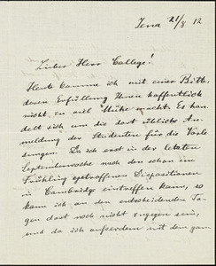 Eucken, Rudolf, 1846-1926 autograph letter signed to Hugo Münsterberg, Jena, 21 August 1912