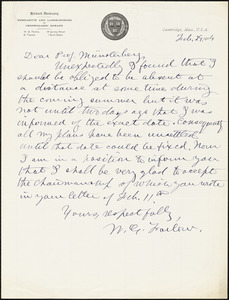 Farlow, W. G. (William Gilson), 1844-1919 autograph letter signed to Hugo Münsterberg, Cambridge, Mass., 29 February 1904