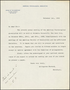 Farrand, Livingston, 1867-1939 autograph letter signed typed circular letter with typed signature to Hugo Münsterberg, New York, 1 November 1898