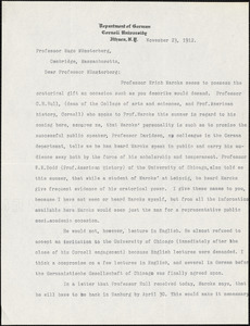 Faust, Albert Bernhardt, 1870-1951 typed letter signed to Hugo Münsterberg, Ithaca, N.Y., 23 November 1912