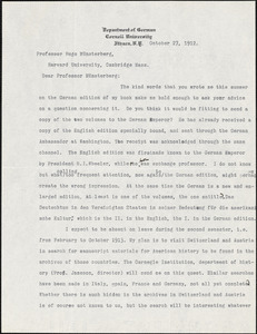 Faust, Albert Bernhardt, 1870-1951 typed letter signed to Hugo Münsterberg, Ithaca, N.Y., 27 October 1912