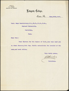 Fisler, S L, fl. 1907 typed letter signed to Hugo Münsterberg, Easton, Pa., 25 June 1907