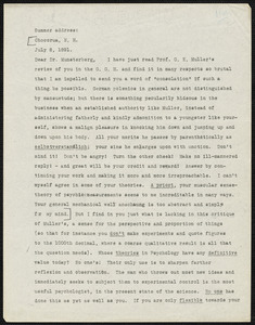 James, William, 1842-1910 typed letter signed to Hugo Münsterberg, Chocorua, N.H., 8 July 1891