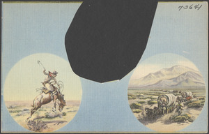 A cowboy on horseback. A train of covered wagons