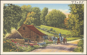 A horse-drawn cart next to a wooden structure