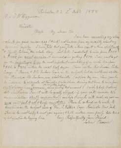 John Brown autograph letter signed to Thomas Wentworth Higginson, Rochester, N.Y., 2 February 1858